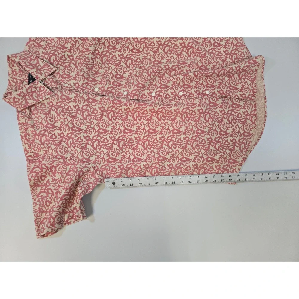 Banana Republic Mens Small Red Cream Damask Scroll Print‎ 100% Linen SS Shirt